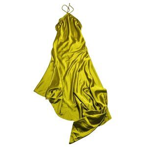 The Attico Asymmetric Feather-Trimmed Satin Halterneck Midi Dress in Chartreuse